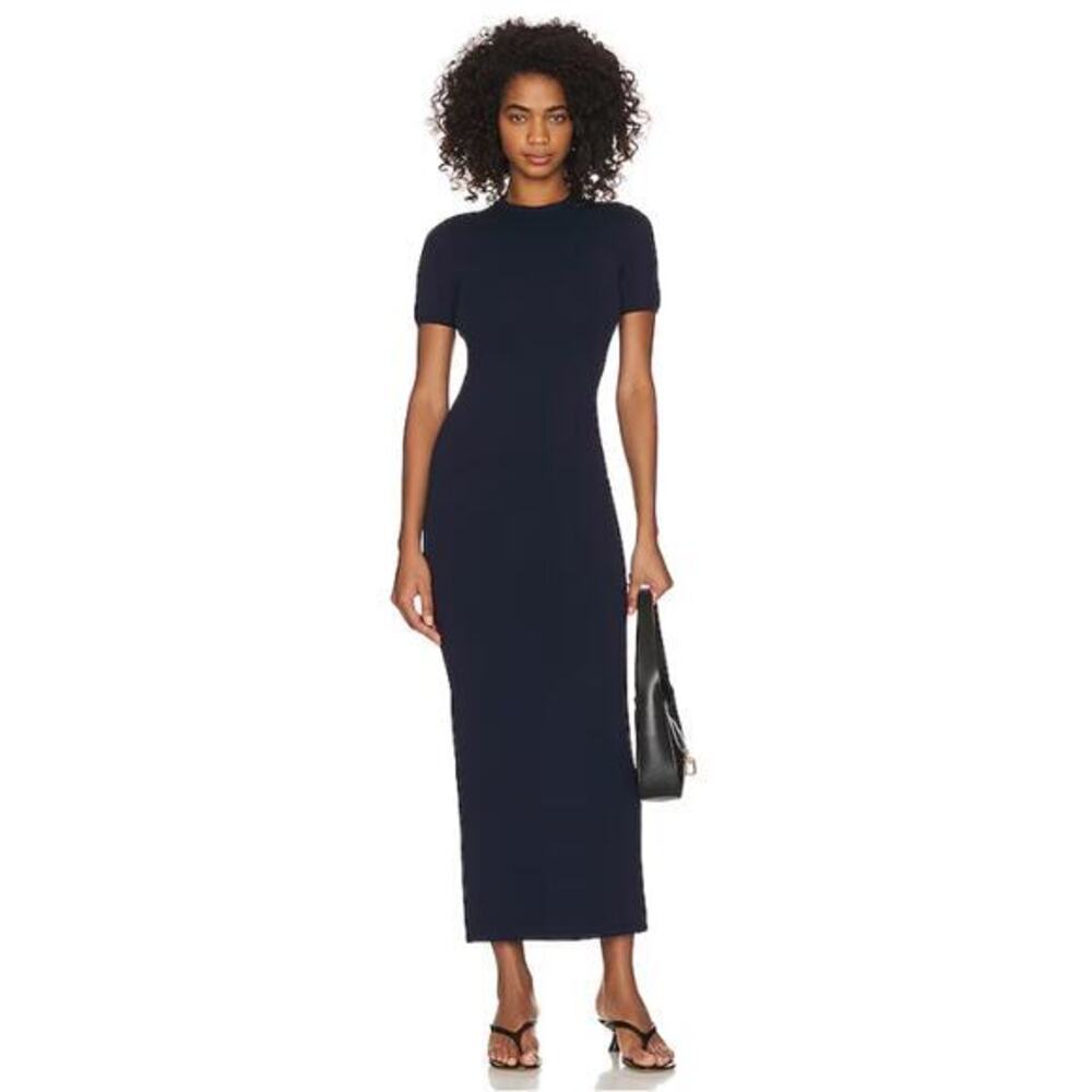 GRLFRND Florrie Navy Blue Ribbed Midi Dress with Short Sleeves XXS